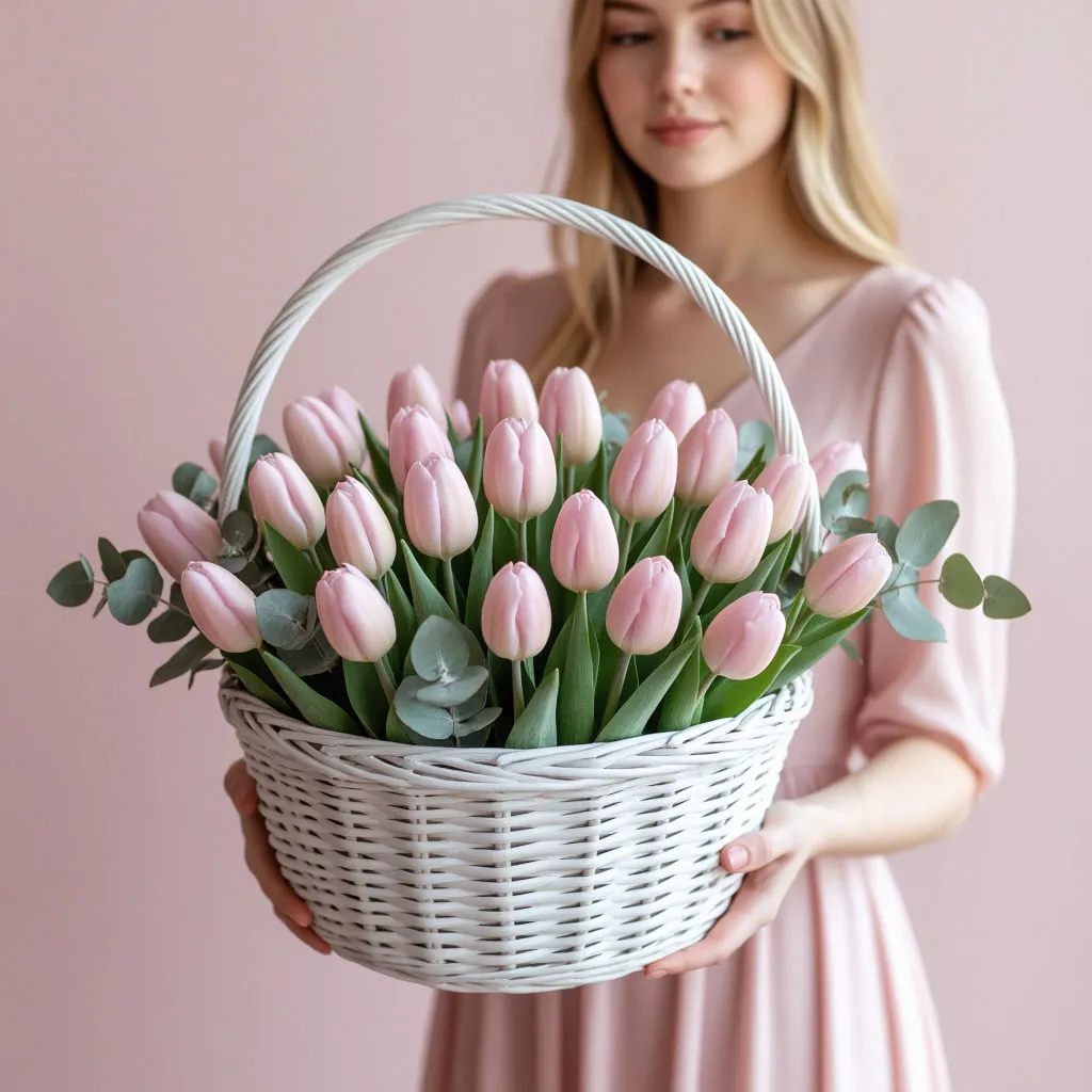 Тюльпаны розовые в корзине