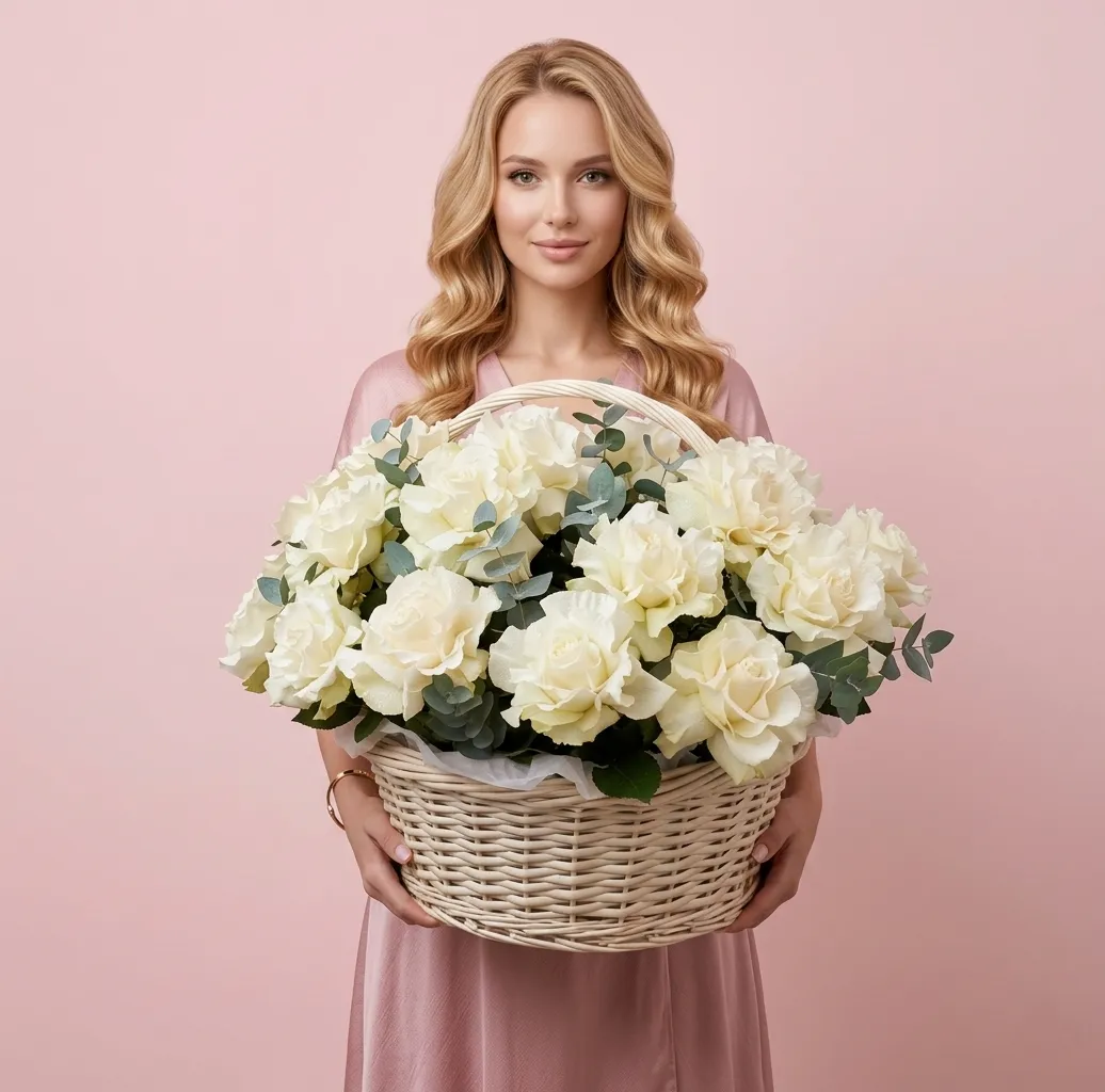 Французские Розы Белые в корзине