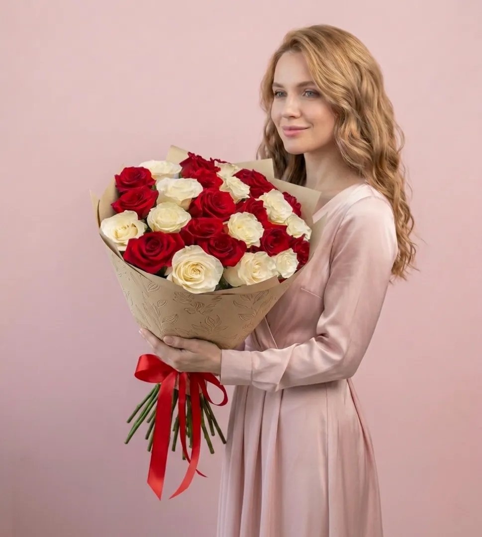 25 Красных и Белых Роз в упаковке